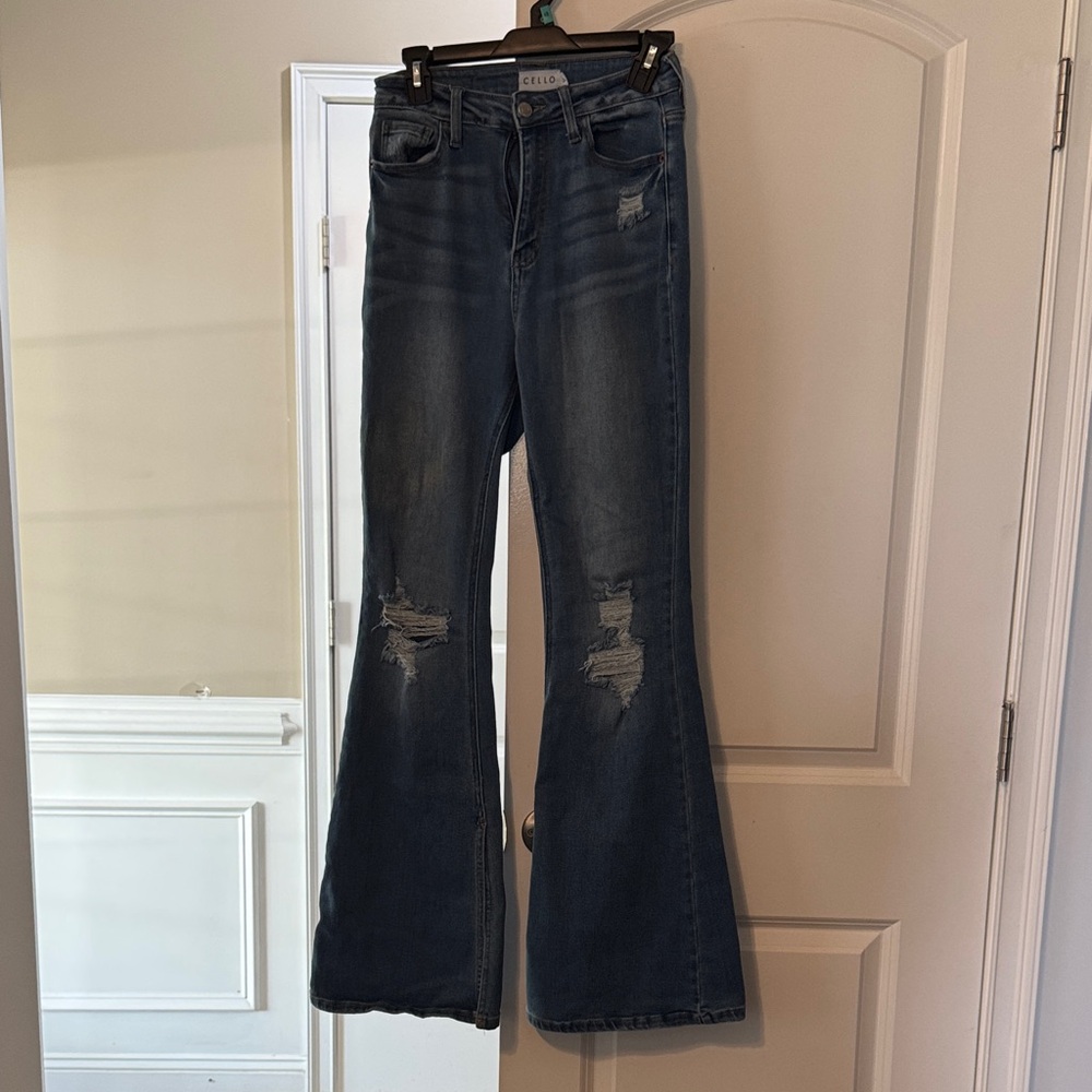 Cello Dark Blue Distressed Flare Jeans